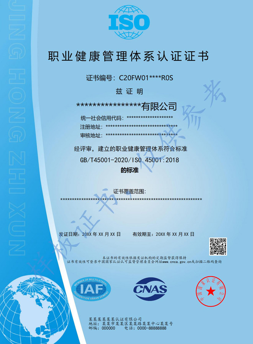 东莞iso45001职业健康管理体系认证证书